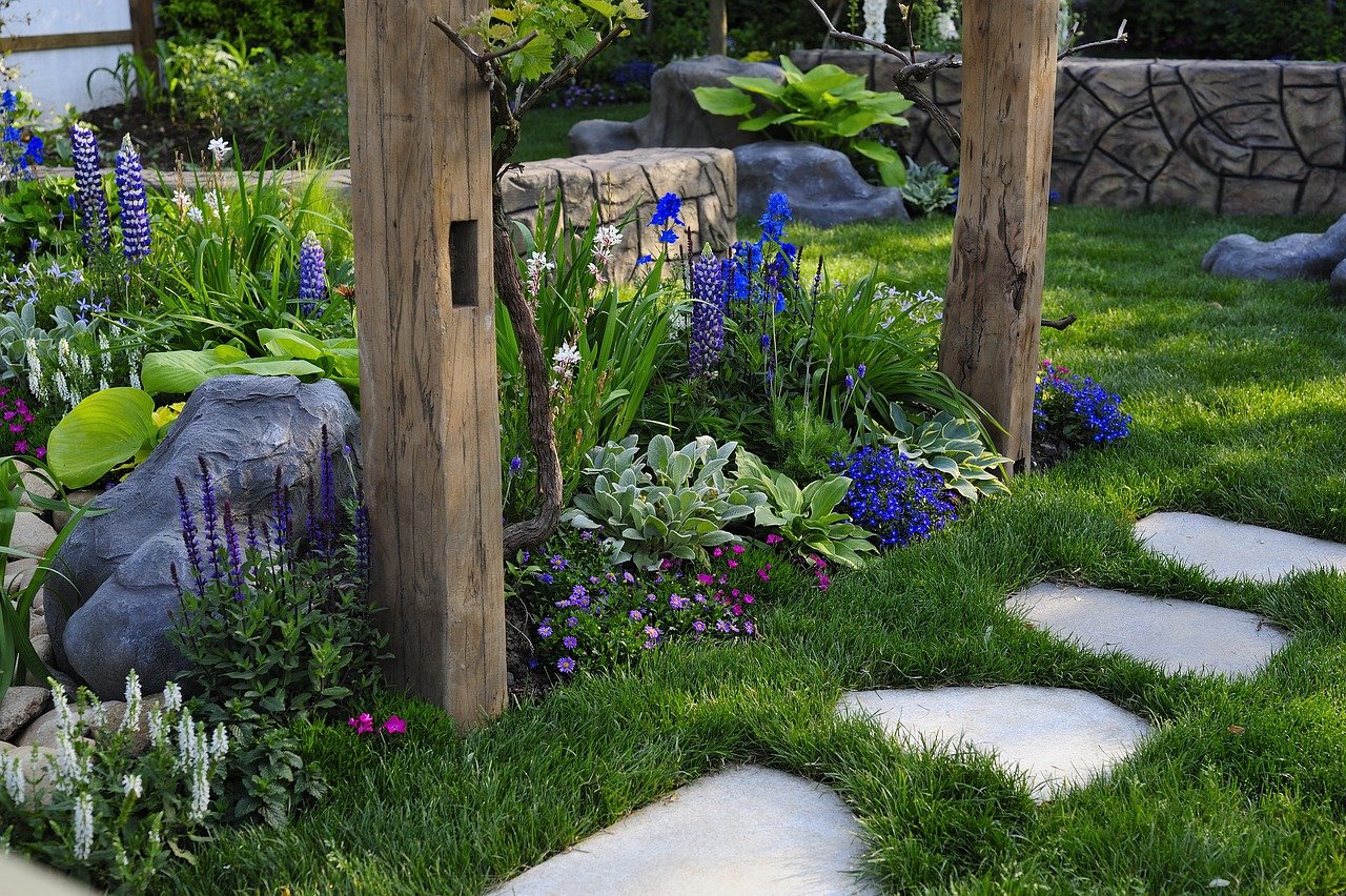 A stone path in a garden